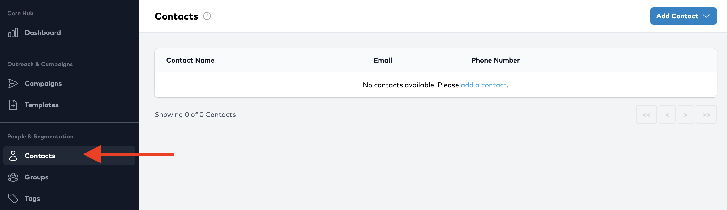 Select &quot;Contacts&quot; in left-hand navigation